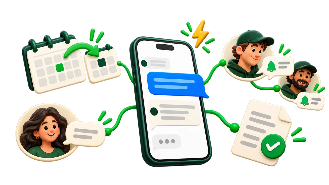 One iMessage thread connecting the owner to the calendar, customers, crew reminders, and invoices.