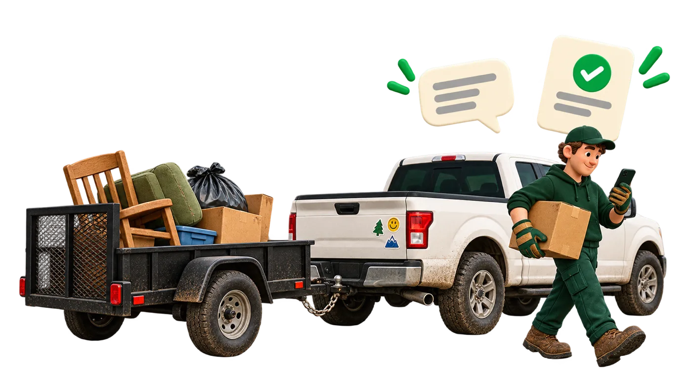 A junk hauler carries a box past his truck and trailer while texting Village to send an invoice.