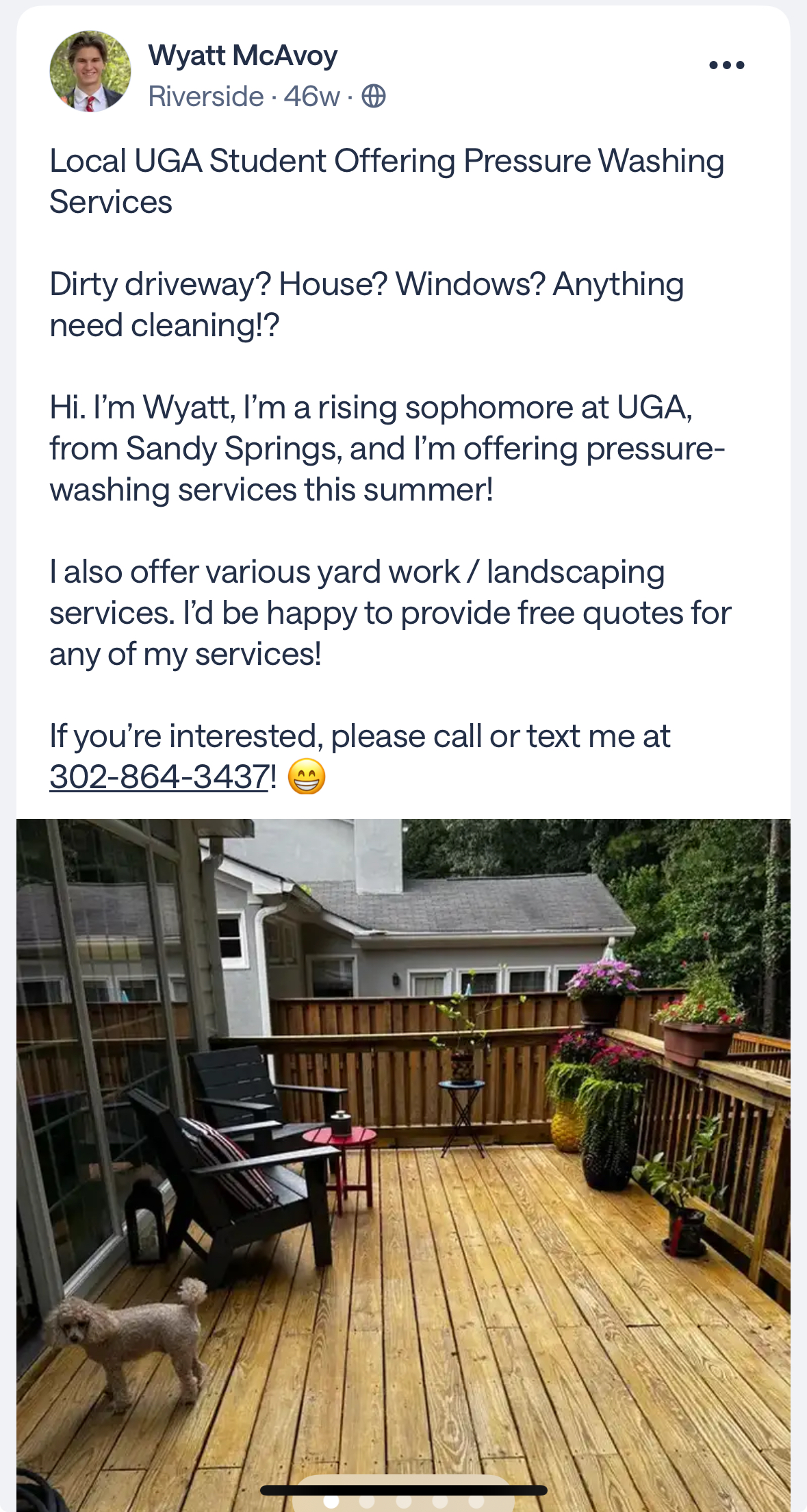 A typical weekly post outlining who I am, what services I offer, and how to contact me.