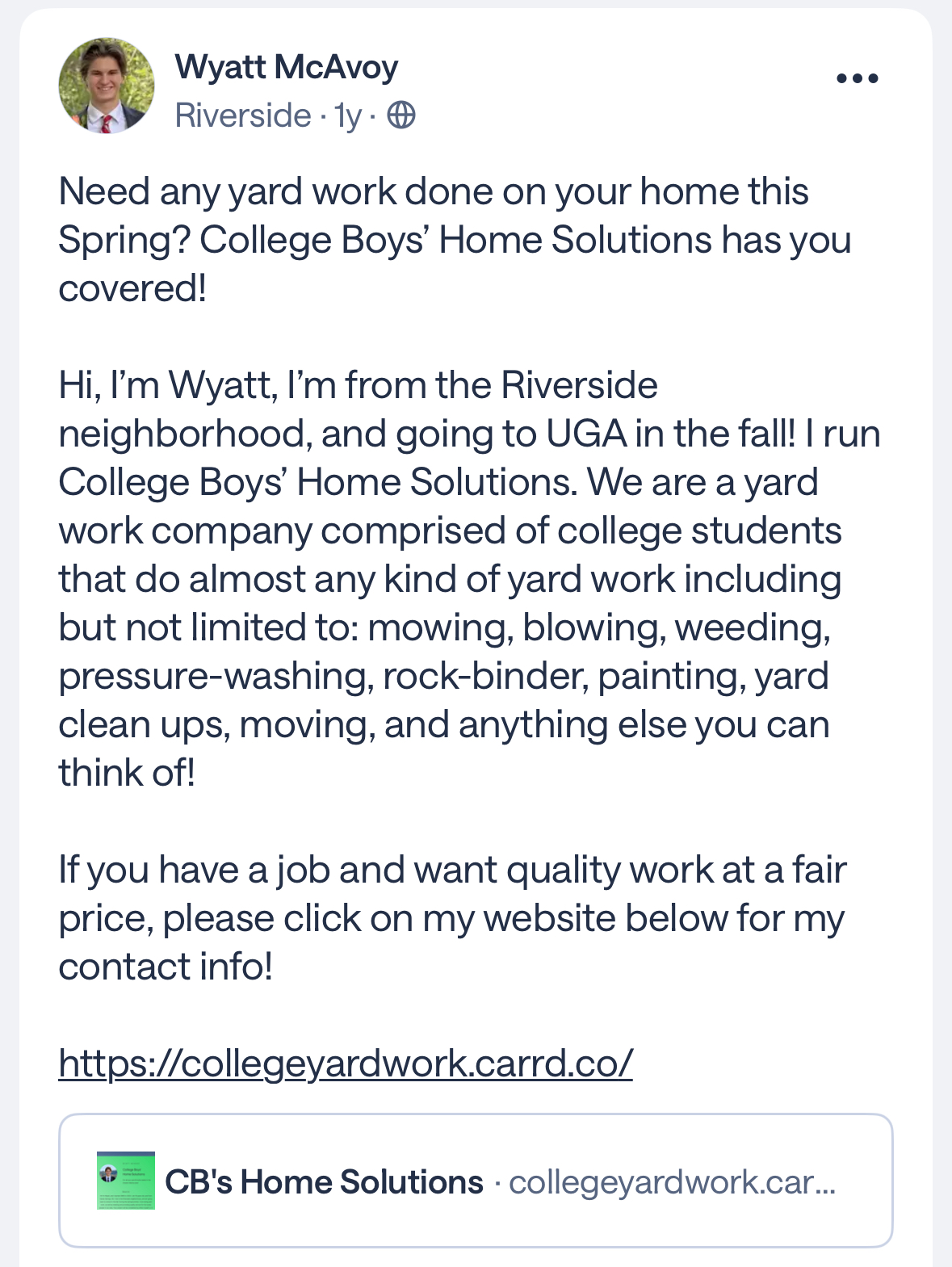 The same playbook a year later — yard work, pressure washing, and a link to my site.