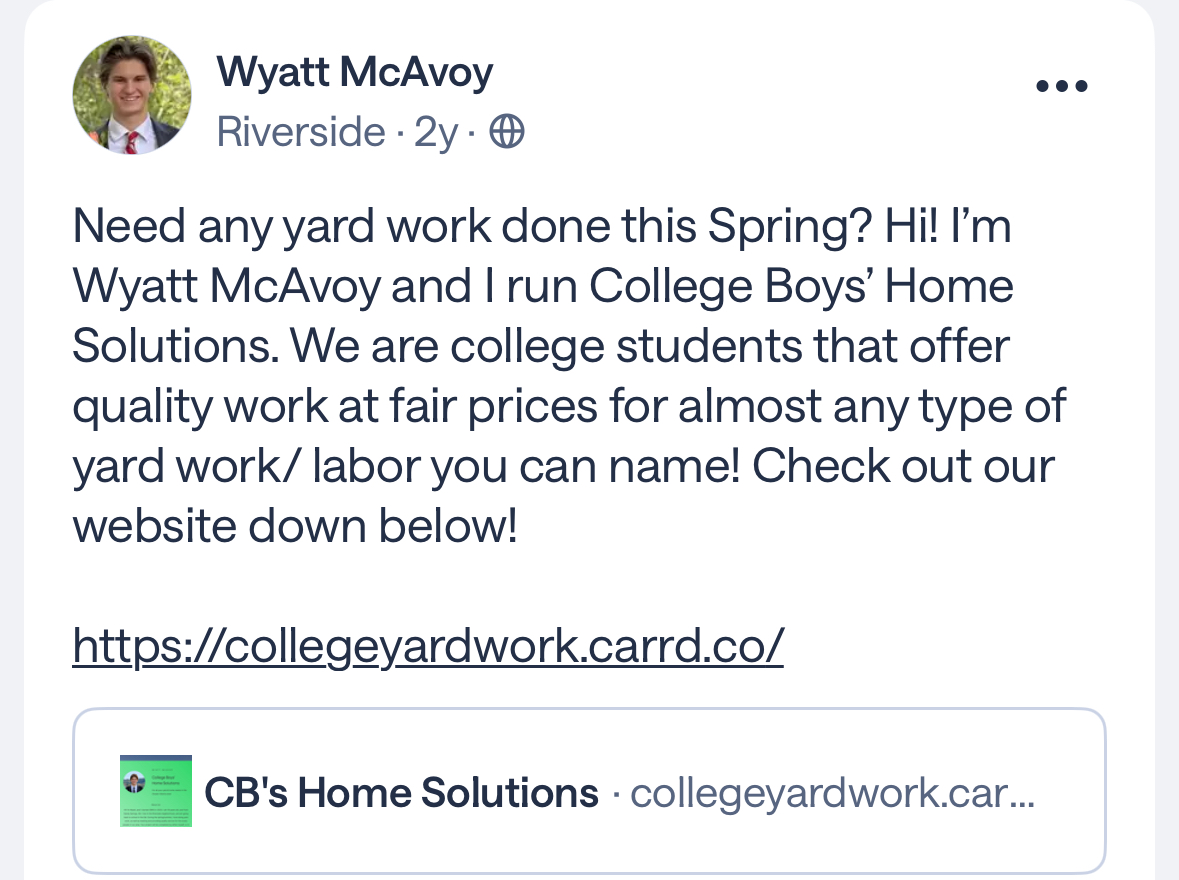 An early spring Nextdoor post introducing College Boys' Home Solutions to the Riverside neighborhood.