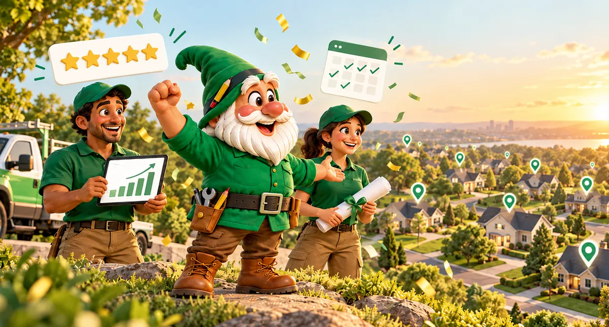 Vinny the gnome cheering with two business owners on a hill above a sunny neighborhood